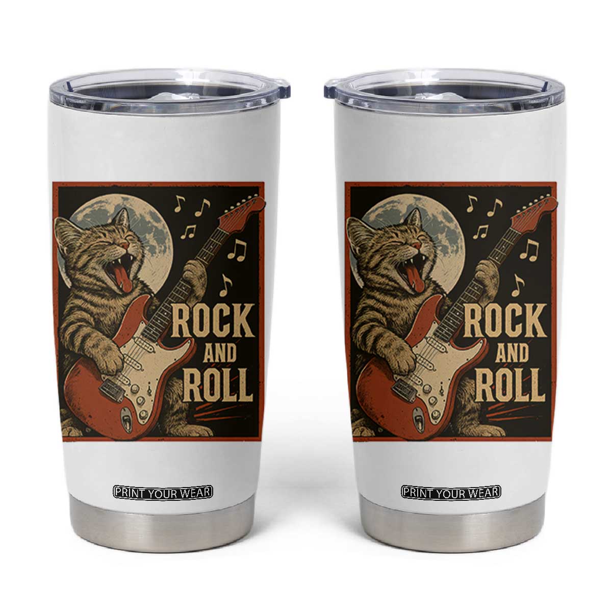 Funny Rock And Roll Tumbler Cup Cat Playing Electric Guitar Music Lover TS12 White Print Your Wear