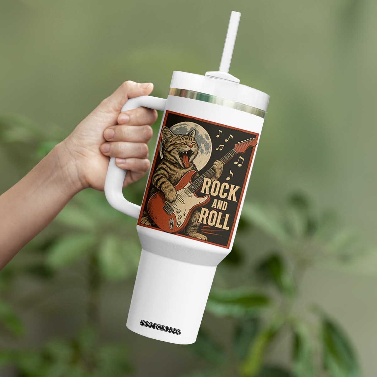 Funny Rock And Roll Tumbler With Handle Cat Playing Electric Guitar Music Lover TS12 Print Your Wear