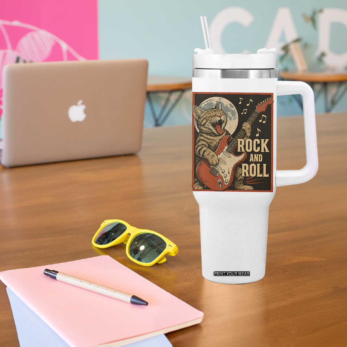 Funny Rock And Roll Tumbler With Handle Cat Playing Electric Guitar Music Lover TS12 Print Your Wear