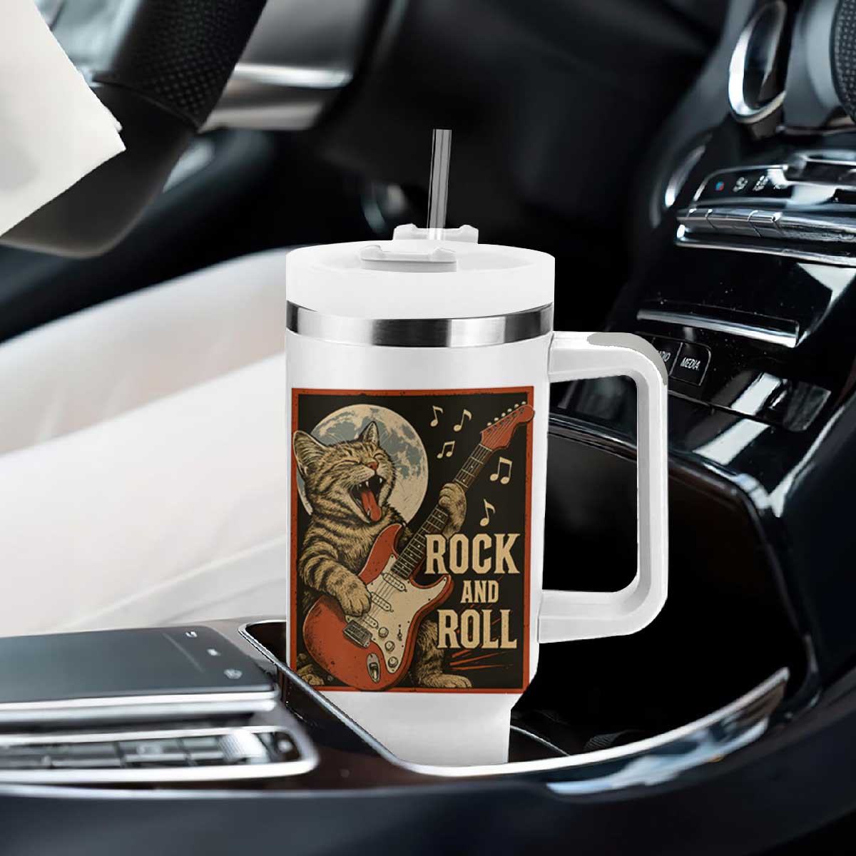 Funny Rock And Roll Tumbler With Handle Cat Playing Electric Guitar Music Lover TS12 Print Your Wear