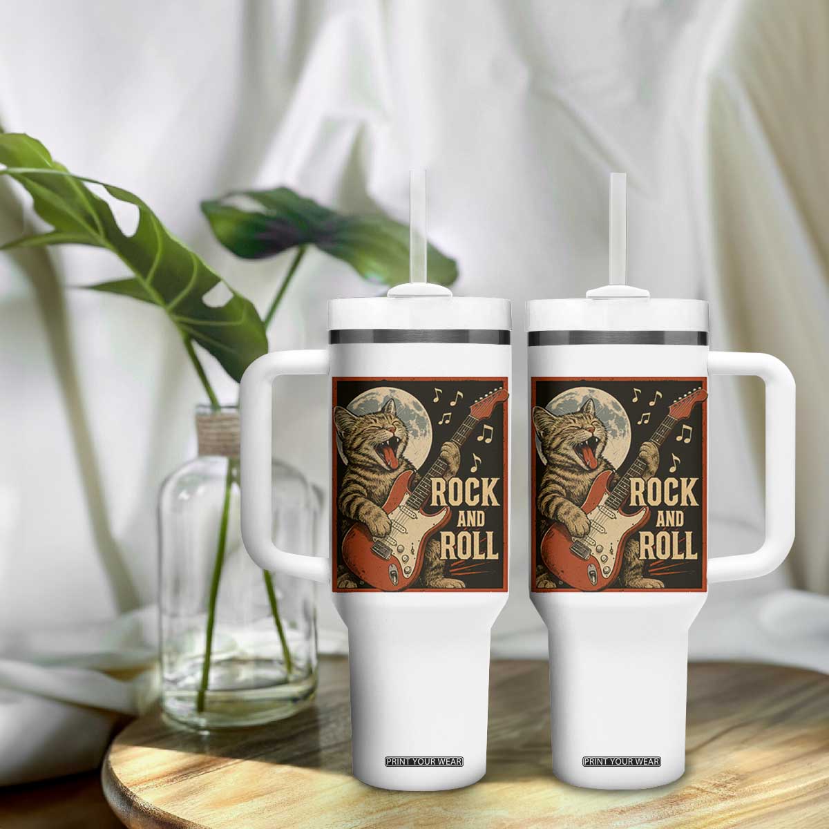 Funny Rock And Roll Tumbler With Handle Cat Playing Electric Guitar Music Lover TS12 Print Your Wear