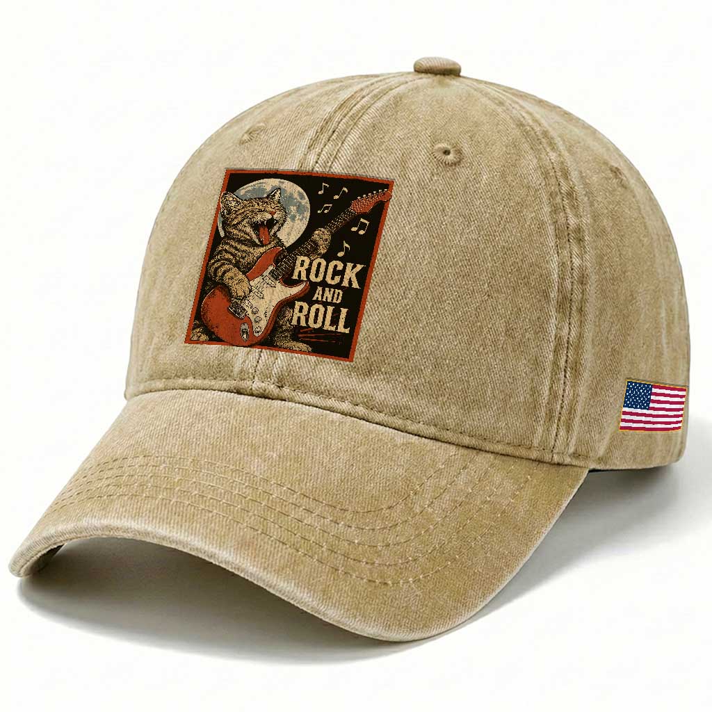 Funny Rock And Roll Washed Cotton Baseball Cap Cat Playing Electric Guitar Music Lover TS12 Print Your Wear