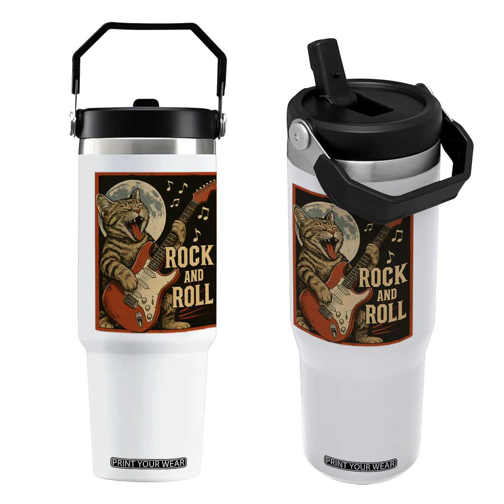 Funny Rock And Roll Flip Straw Tumbler Cat Playing Electric Guitar Music Lover TS12 One Size: 30 oz White Print Your Wear
