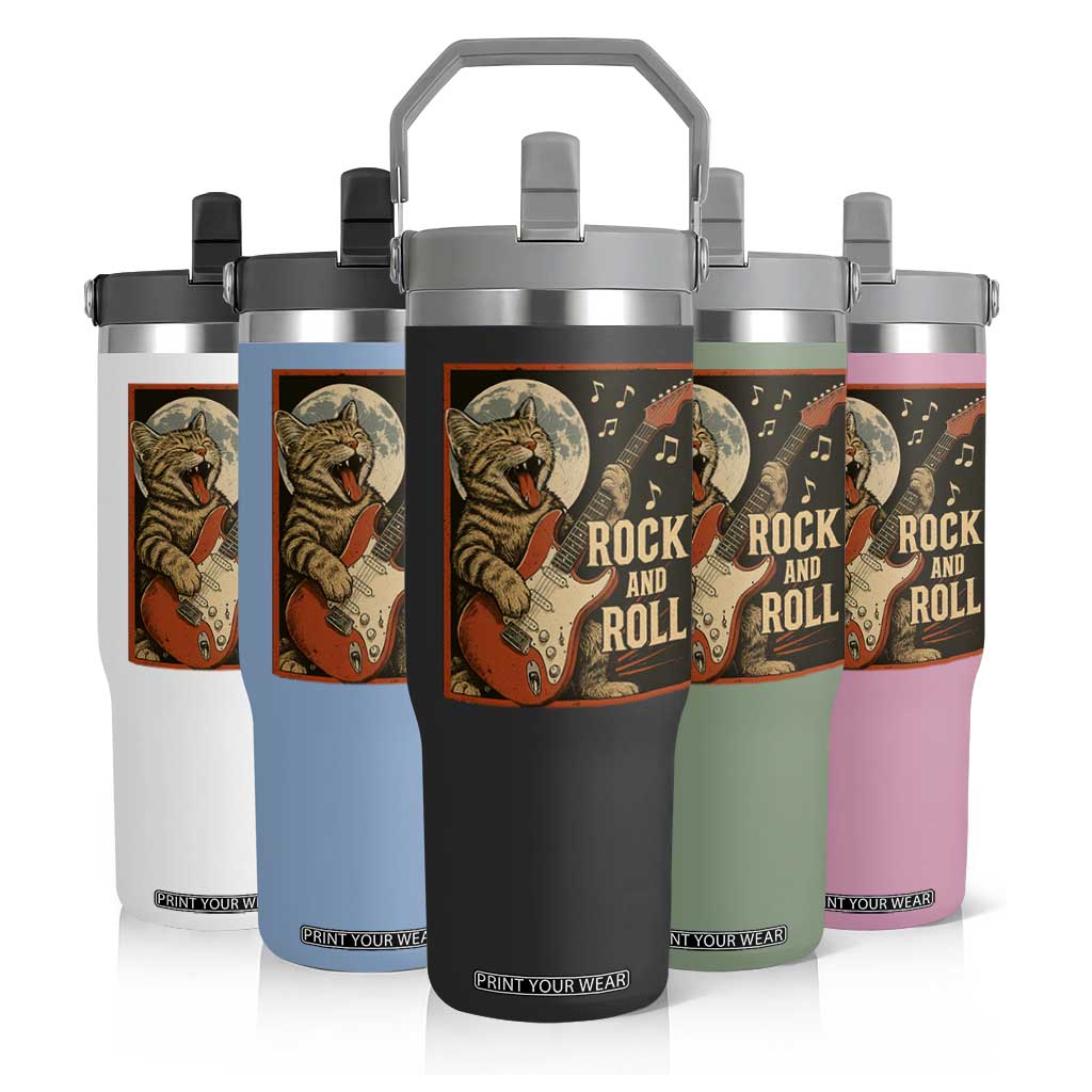 Funny Rock And Roll Flip Straw Tumbler Cat Playing Electric Guitar Music Lover TS12 Print Your Wear