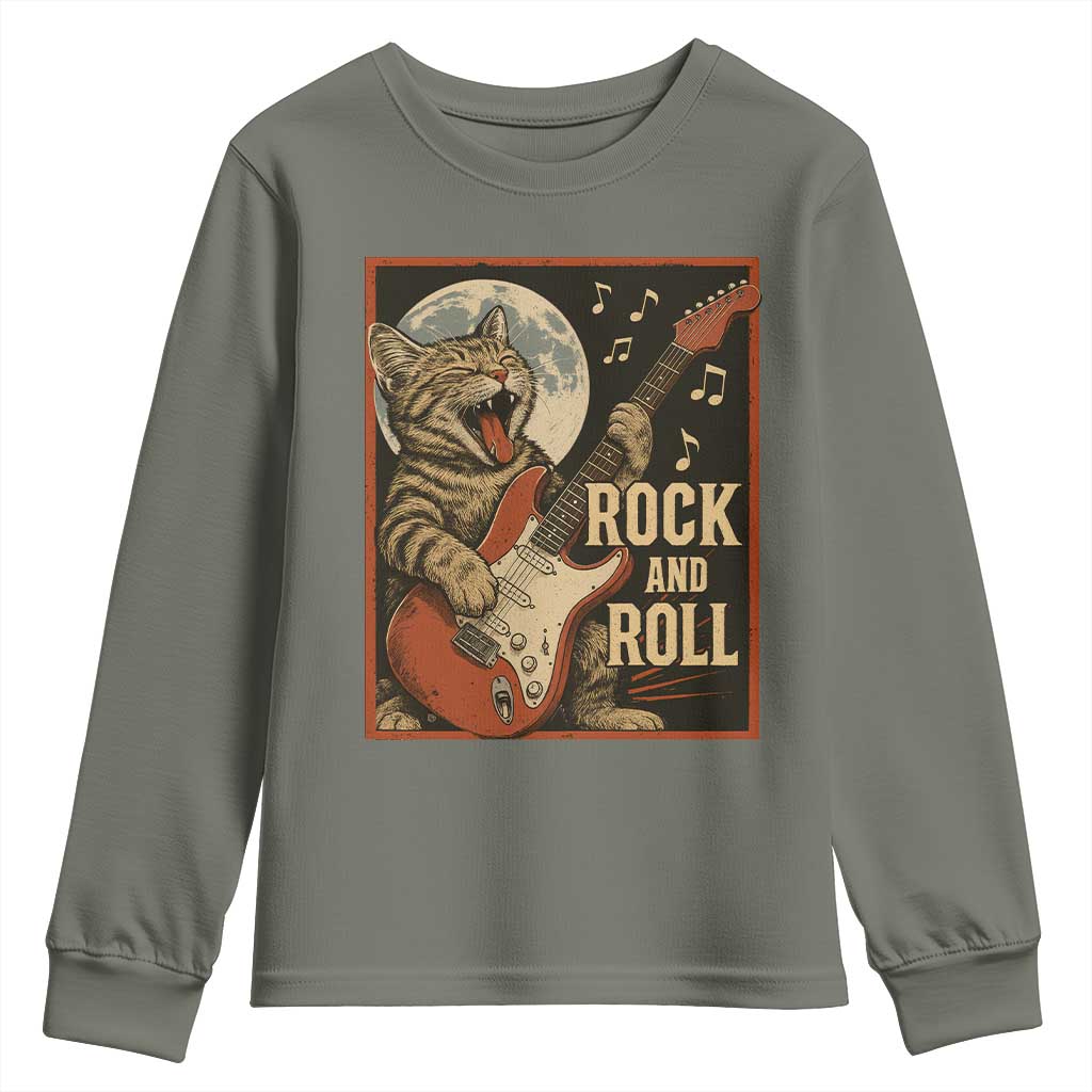 Funny Rock And Roll Youth Sweatshirt Cat Playing Electric Guitar Music Lover TS12 Military Green Print Your Wear