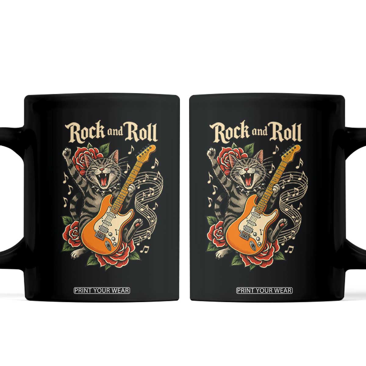Funny Rock Star Cat Playing Electric Guitar Coffee Mug Music Lover TS12 Black Print Your Wear