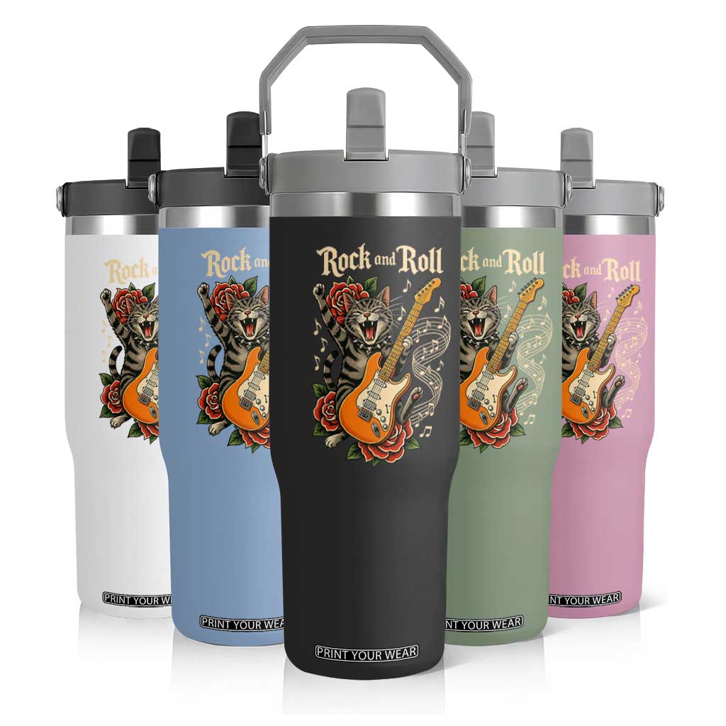 Funny Rock Star Cat Playing Electric Guitar Flip Straw Tumbler Music Lover TS12 Print Your Wear