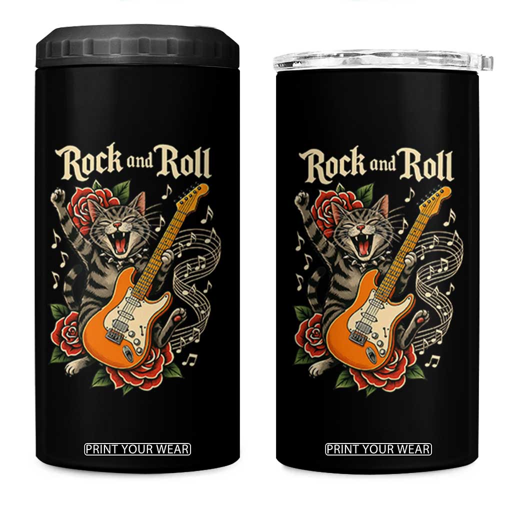 Funny Rock Star Cat Playing Electric Guitar 4 in 1 Can Cooler Tumbler Music Lover TS12 One Size: 16 oz Black Print Your Wear