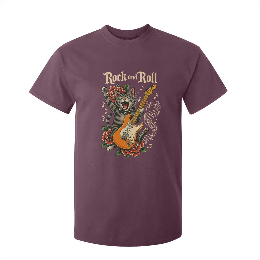 Funny Rock Star Cat Playing Electric Guitar T Shirt For Kid Music Lover TS12 Maroon Print Your Wear