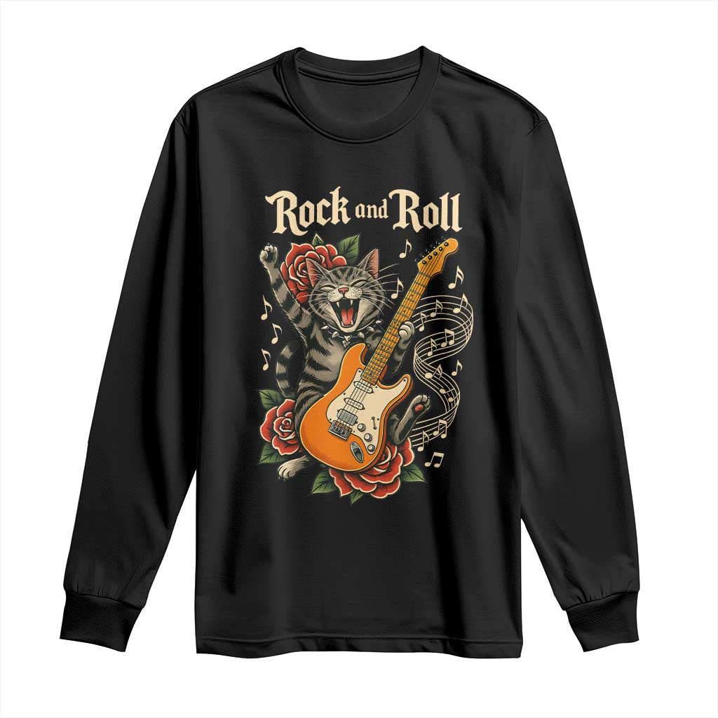 Funny Rock Star Cat Playing Electric Guitar Long Sleeve Shirt Music Lover TS12 Black Print Your Wear