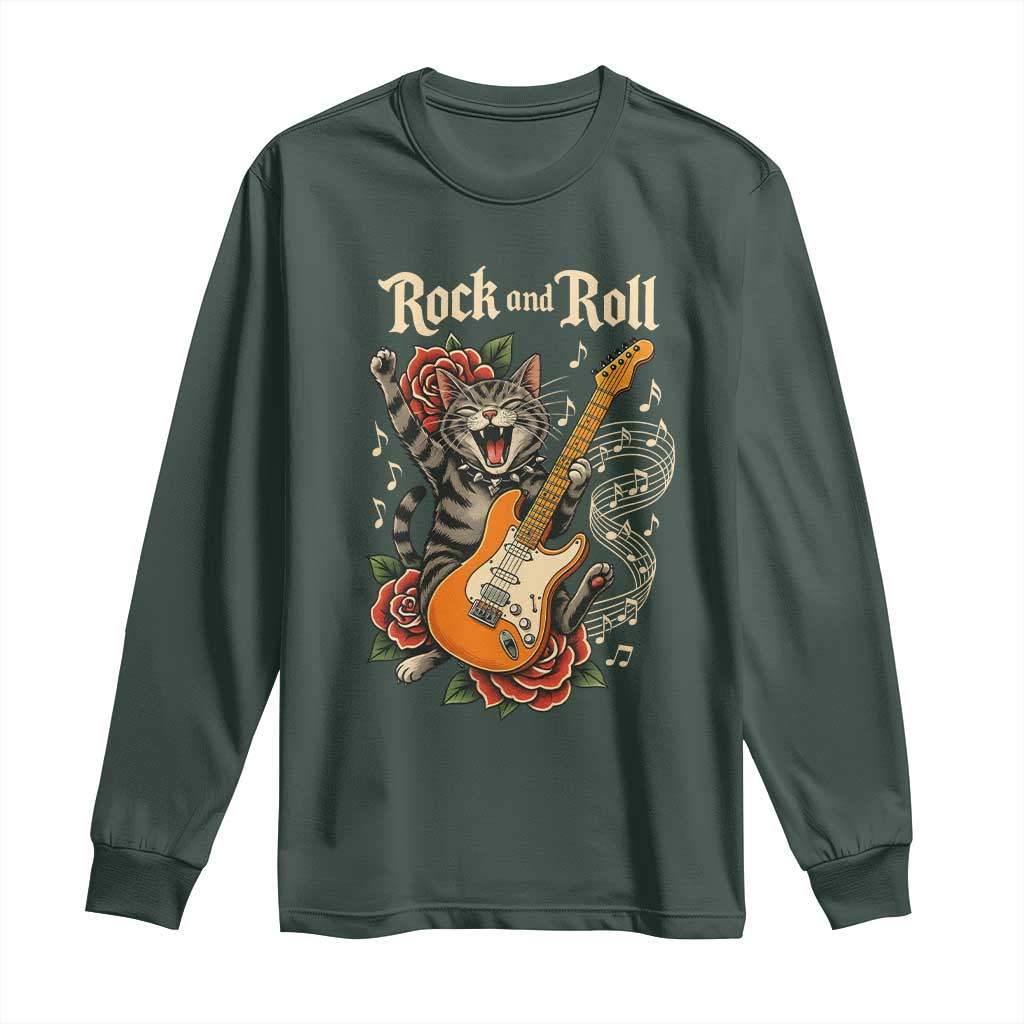 Funny Rock Star Cat Playing Electric Guitar Long Sleeve Shirt Music Lover TS12 Dark Forest Green Print Your Wear