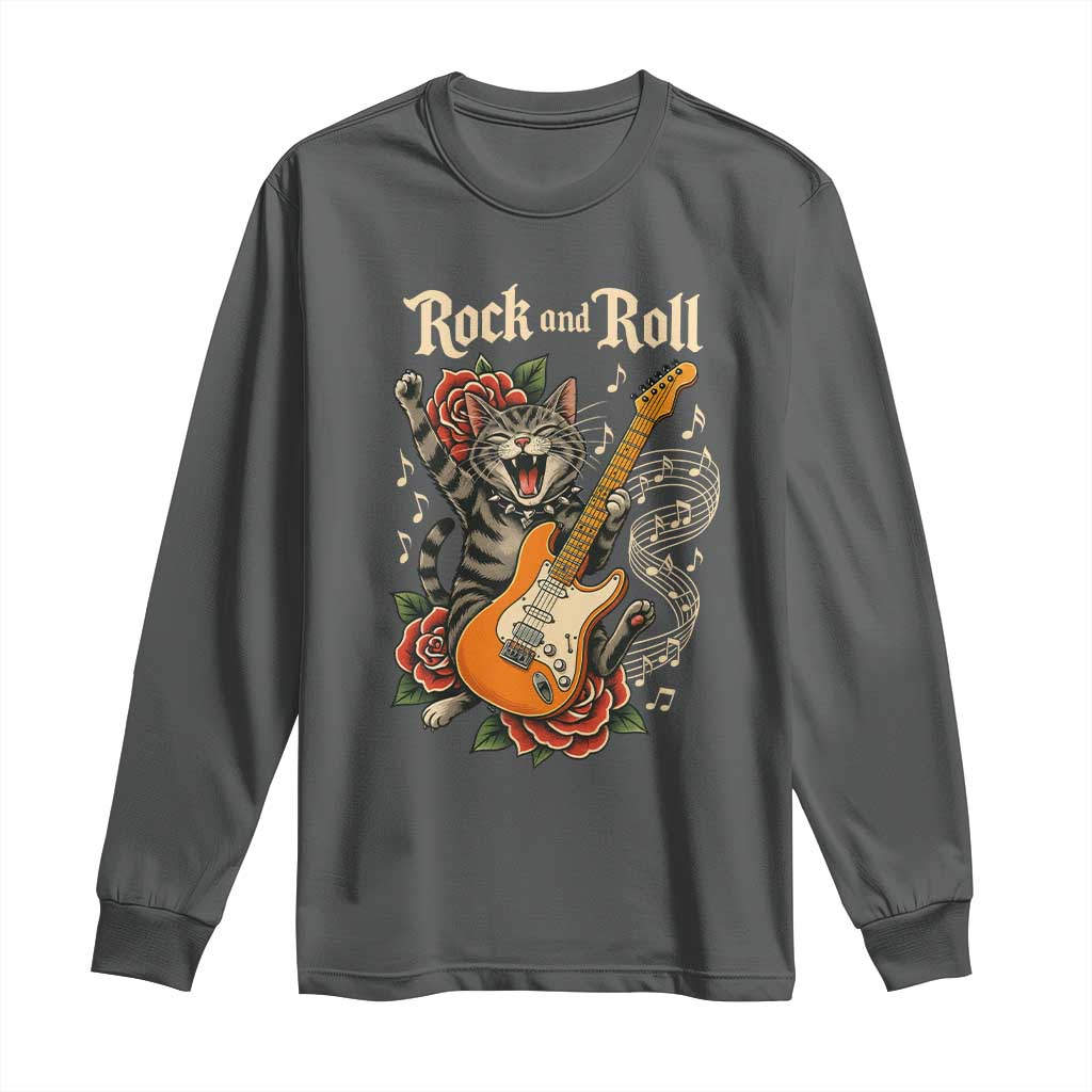 Funny Rock Star Cat Playing Electric Guitar Long Sleeve Shirt Music Lover TS12 Dark Heather Print Your Wear