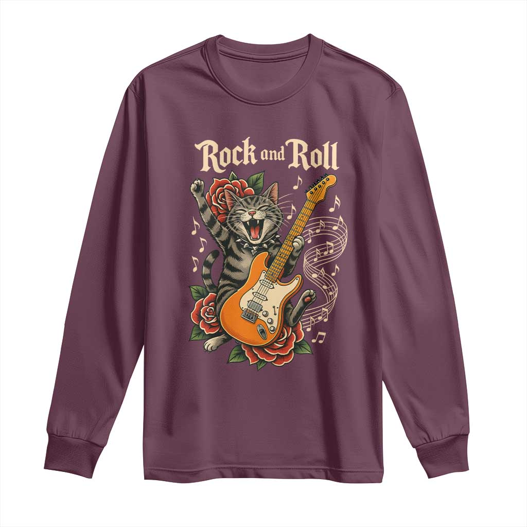Funny Rock Star Cat Playing Electric Guitar Long Sleeve Shirt Music Lover TS12 Maroon Print Your Wear