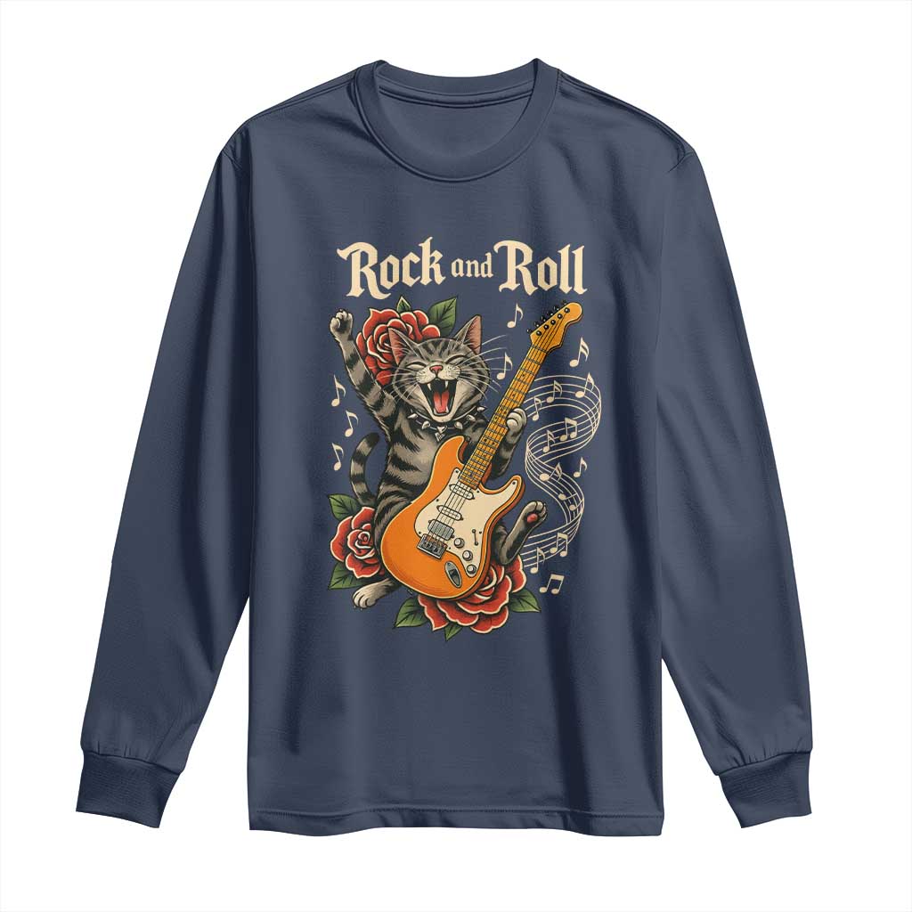 Funny Rock Star Cat Playing Electric Guitar Long Sleeve Shirt Music Lover TS12 Navy Print Your Wear