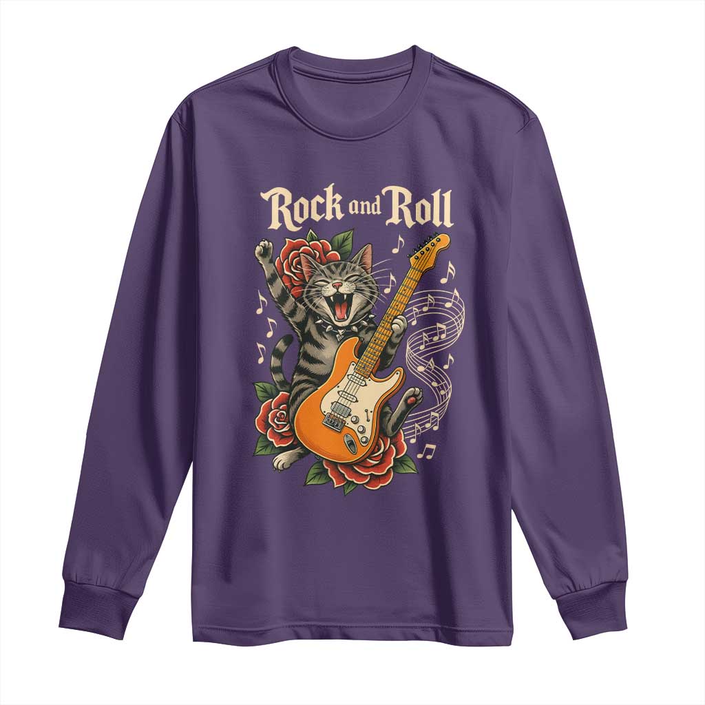 Funny Rock Star Cat Playing Electric Guitar Long Sleeve Shirt Music Lover TS12 Purple Print Your Wear
