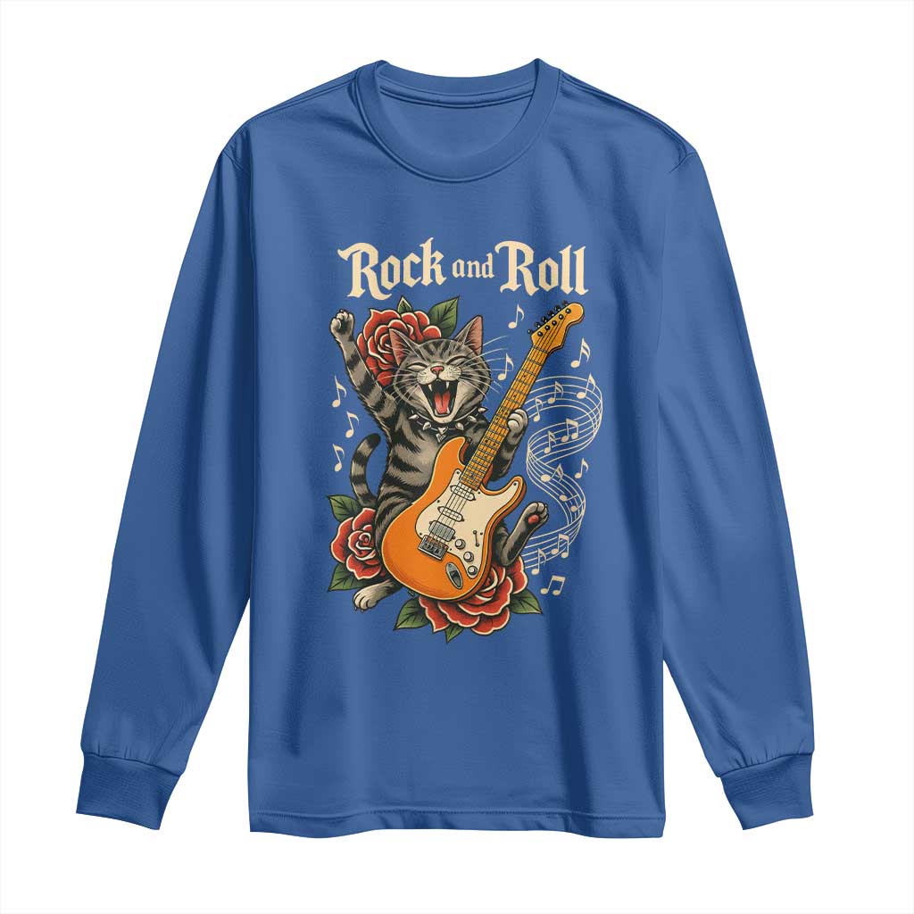 Funny Rock Star Cat Playing Electric Guitar Long Sleeve Shirt Music Lover TS12 Royal Blue Print Your Wear