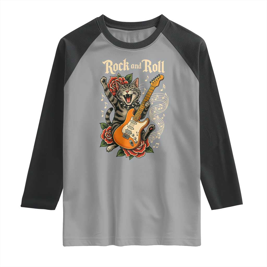 Funny Rock Star Cat Playing Electric Guitar Raglan Shirt Music Lover TS12 Sport Gray Black Print Your Wear