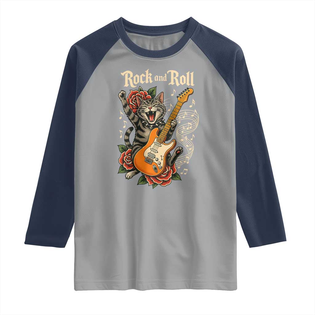 Funny Rock Star Cat Playing Electric Guitar Raglan Shirt Music Lover TS12 Sport Gray Navy Print Your Wear