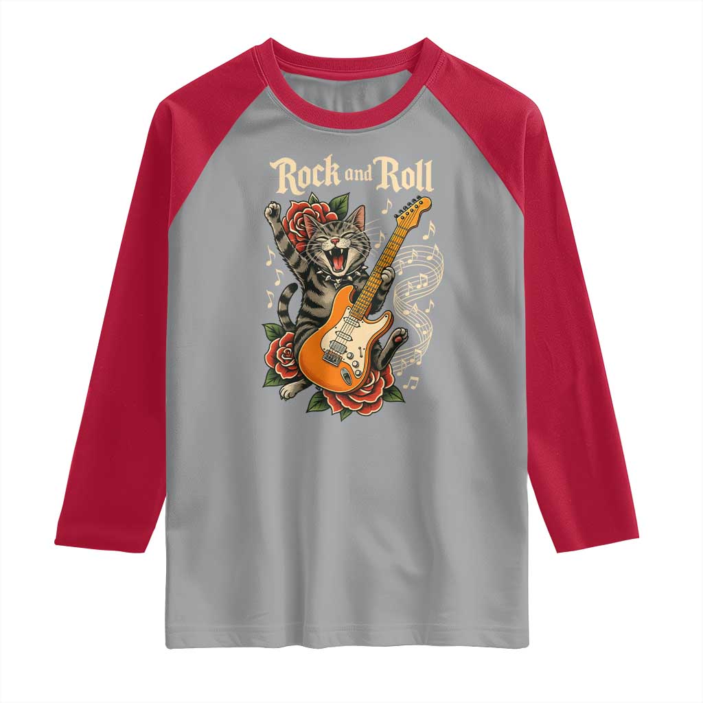 Funny Rock Star Cat Playing Electric Guitar Raglan Shirt Music Lover TS12 Sport Gray Red Print Your Wear