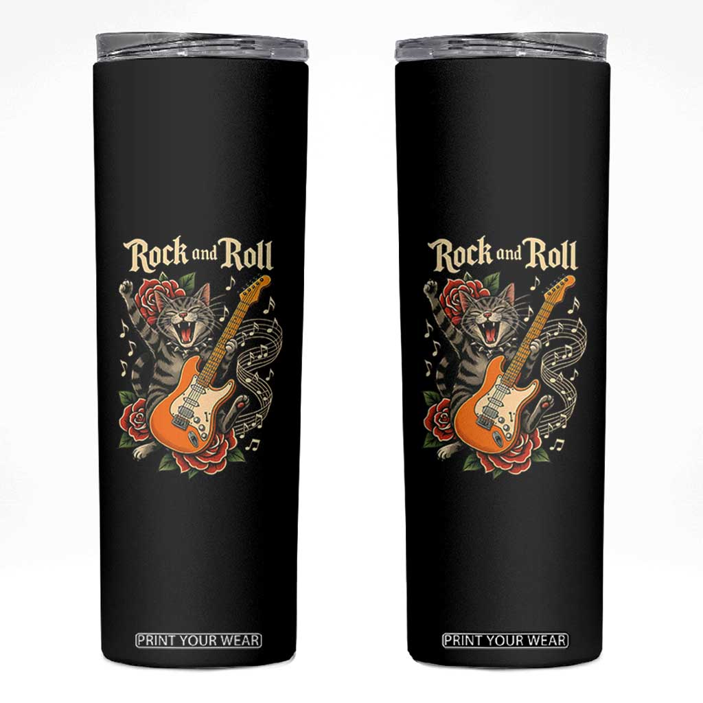 Funny Rock Star Cat Playing Electric Guitar Skinny Tumbler Music Lover TS12 Black Print Your Wear