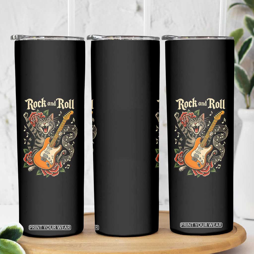 Funny Rock Star Cat Playing Electric Guitar Skinny Tumbler Music Lover TS12 Print Your Wear