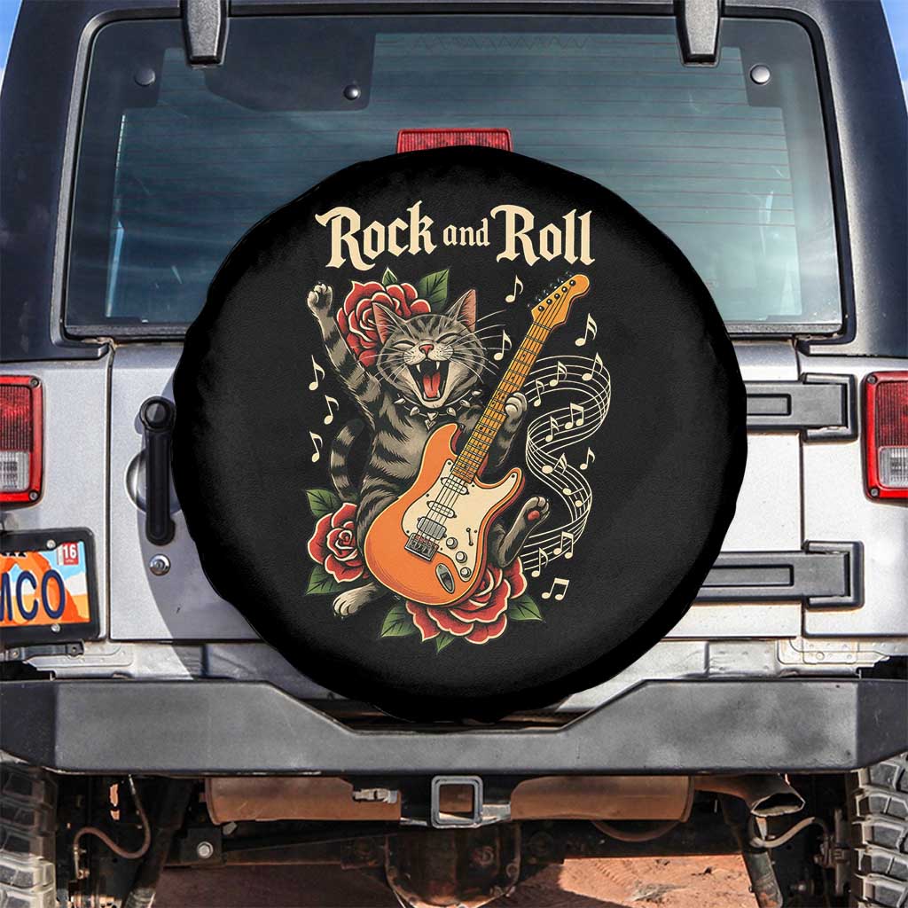 Funny Rock Star Cat Playing Electric Guitar Spare Tire Cover Music Lover TS12 No hole Black Print Your Wear