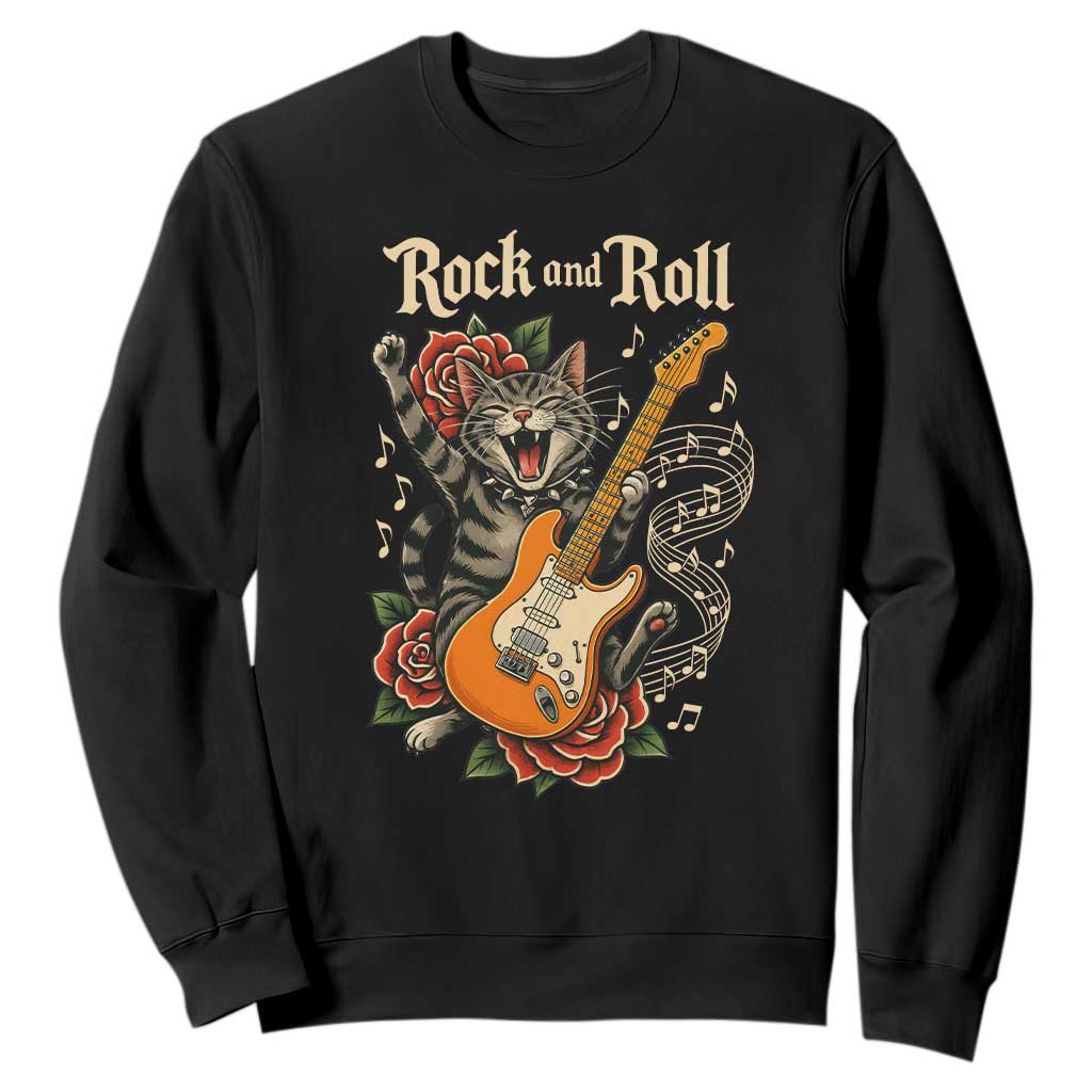 Funny Rock Star Cat Playing Electric Guitar Sweatshirt Music Lover TS12 Black Print Your Wear