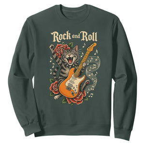 Funny Rock Star Cat Playing Electric Guitar Sweatshirt Music Lover TS12 Dark Forest Green Print Your Wear