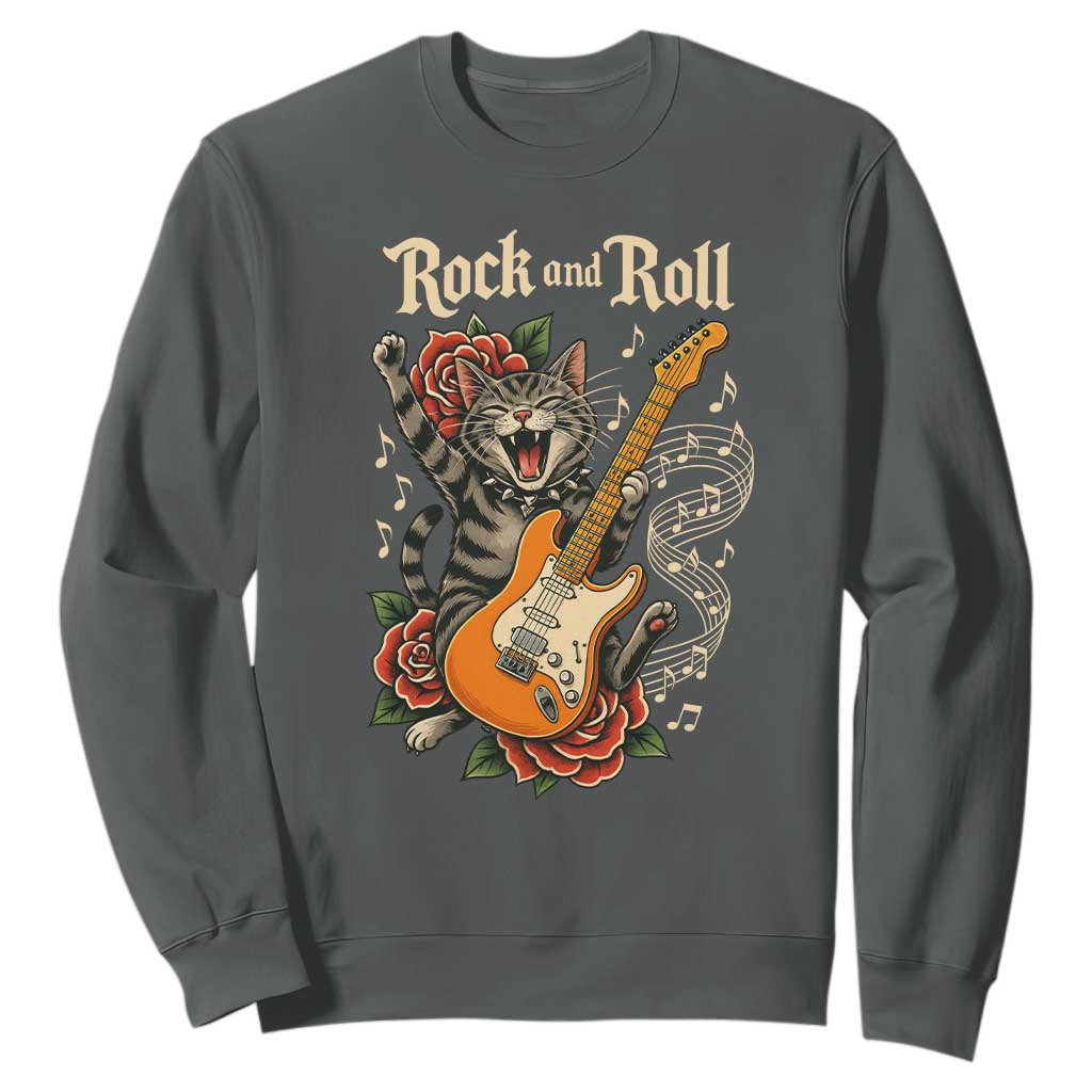 Funny Rock Star Cat Playing Electric Guitar Sweatshirt Music Lover TS12 Dark Heather Print Your Wear