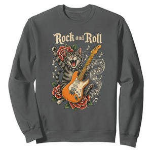 Funny Rock Star Cat Playing Electric Guitar Sweatshirt Music Lover TS12 Dark Heather Print Your Wear