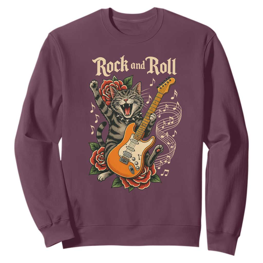 Funny Rock Star Cat Playing Electric Guitar Sweatshirt Music Lover TS12 Maroon Print Your Wear