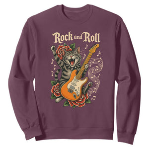 Funny Rock Star Cat Playing Electric Guitar Sweatshirt Music Lover TS12 Maroon Print Your Wear