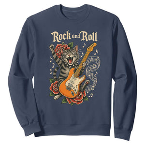 Funny Rock Star Cat Playing Electric Guitar Sweatshirt Music Lover TS12 Navy Print Your Wear
