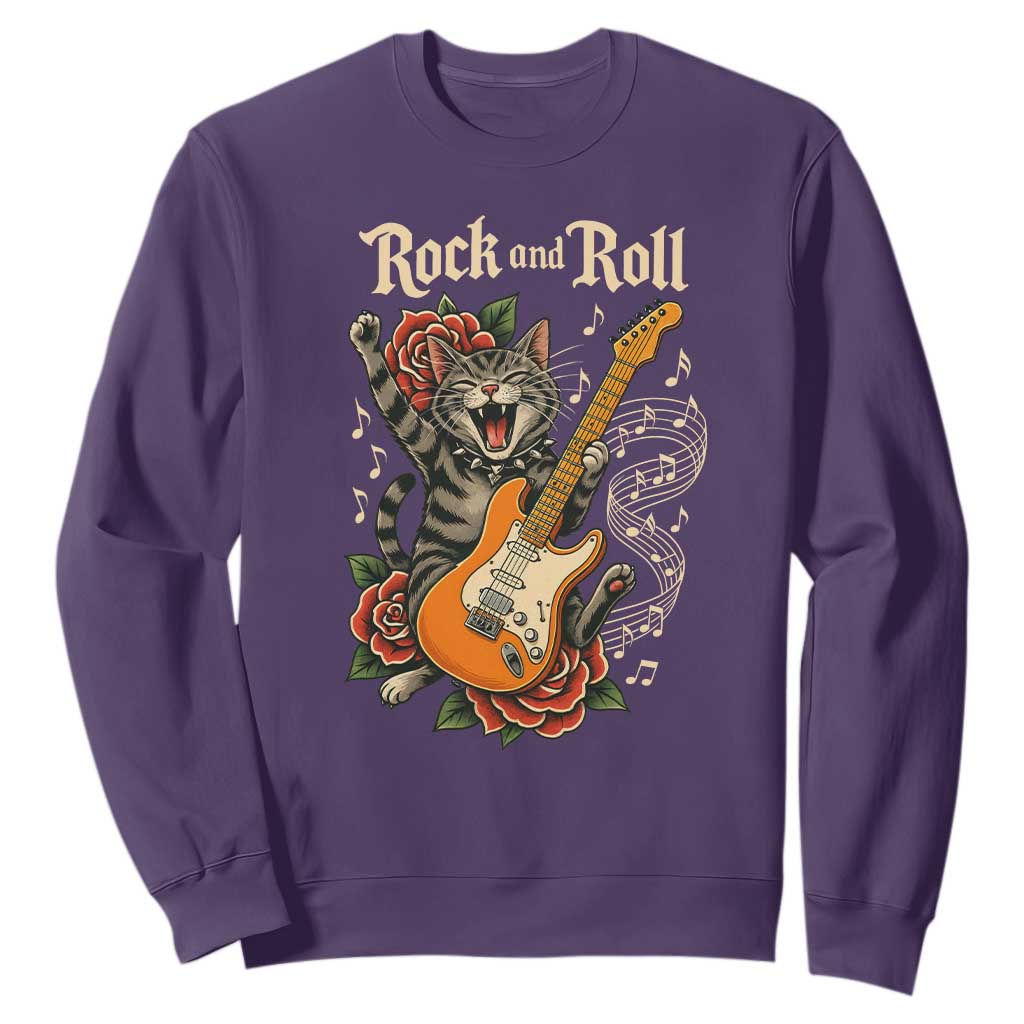 Funny Rock Star Cat Playing Electric Guitar Sweatshirt Music Lover TS12 Purple Print Your Wear