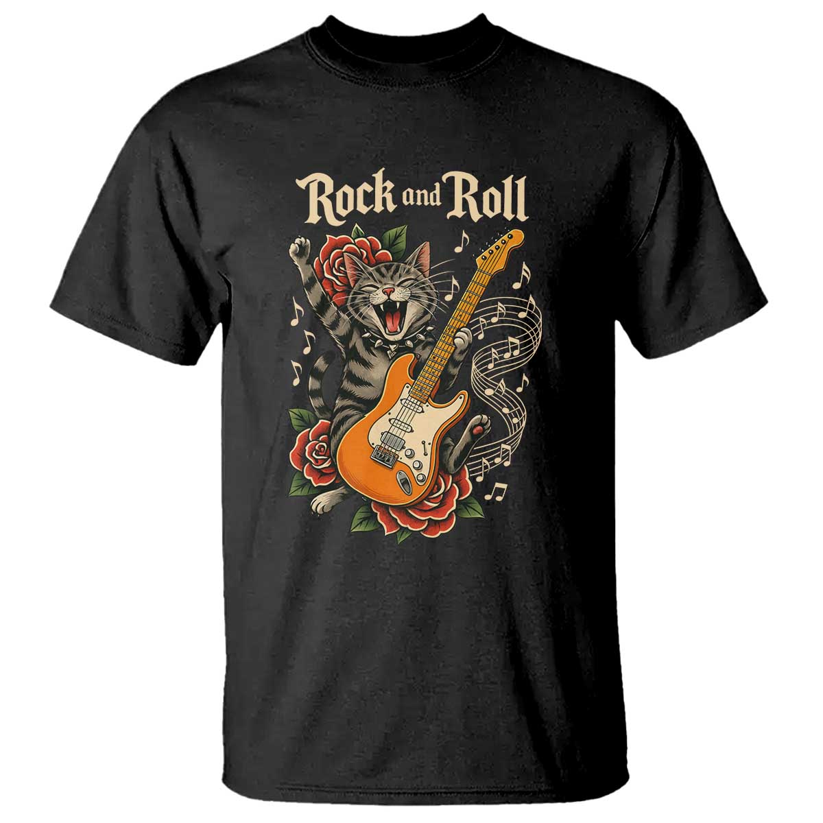 Funny Rock Star Cat Playing Electric Guitar T Shirt Music Lover TS12 Black Print Your Wear