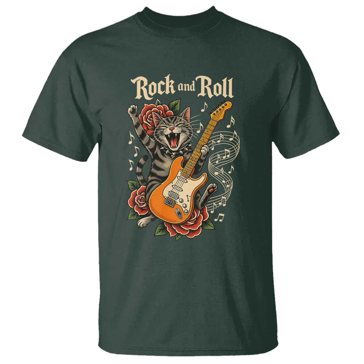 Funny Rock Star Cat Playing Electric Guitar T Shirt Music Lover TS12 Dark Forest Green Print Your Wear