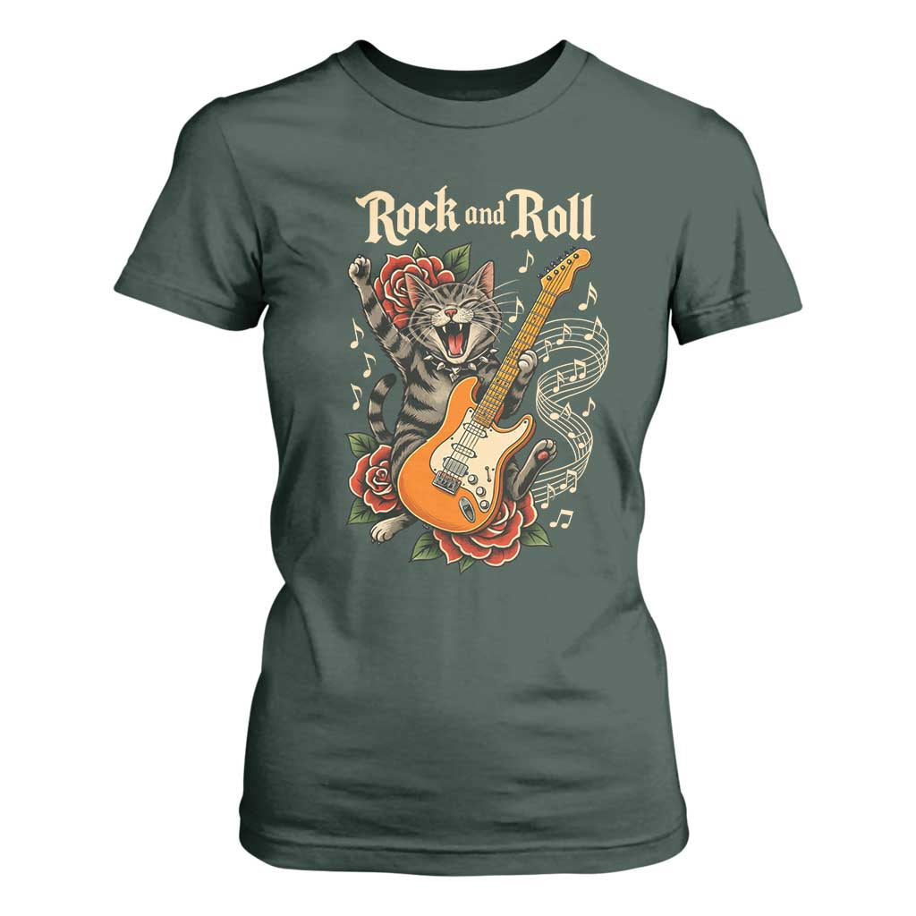 Funny Rock Star Cat Playing Electric Guitar T Shirt For Women Music Lover TS12 Dark Forest Green Print Your Wear