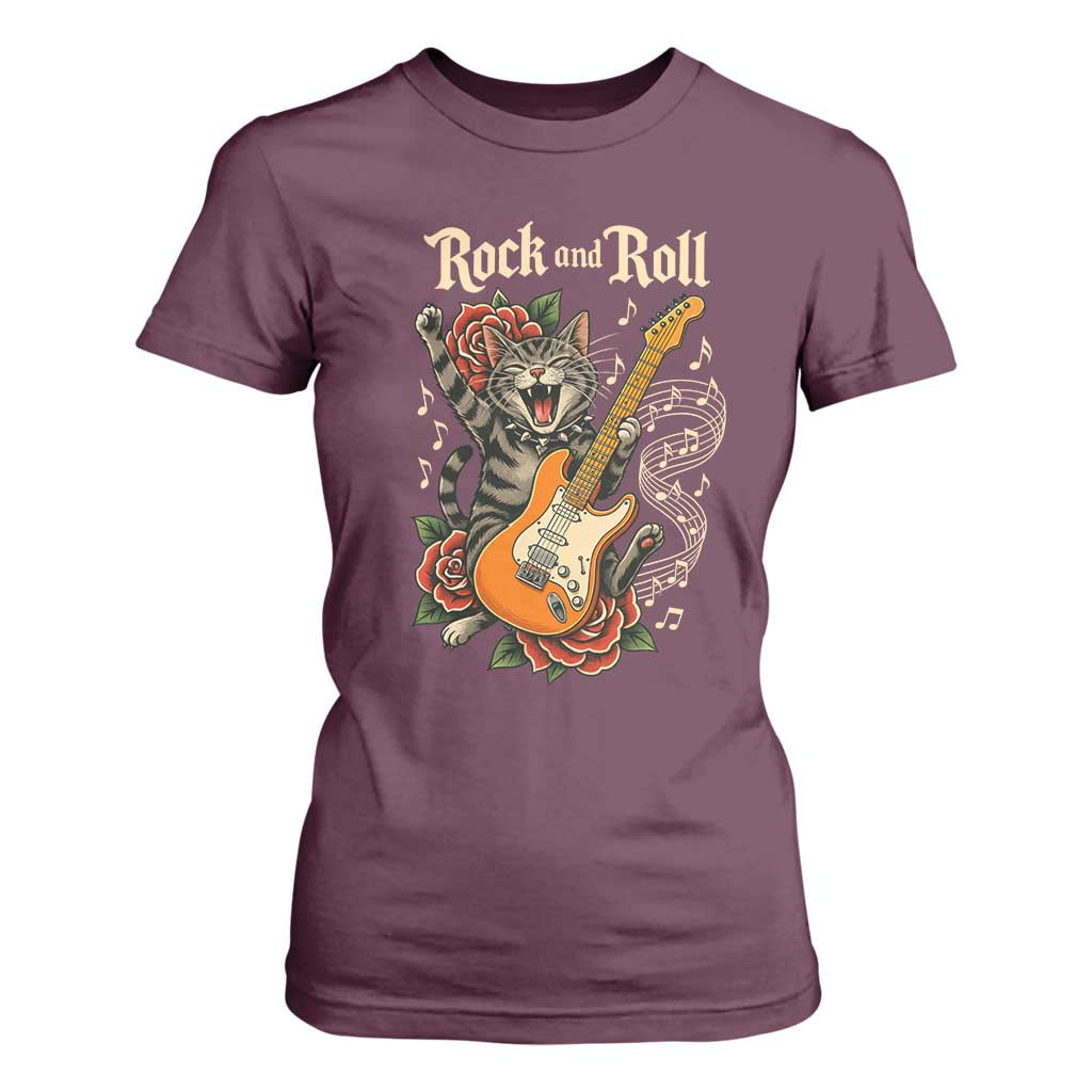 Funny Rock Star Cat Playing Electric Guitar T Shirt For Women Music Lover TS12 Maroon Print Your Wear