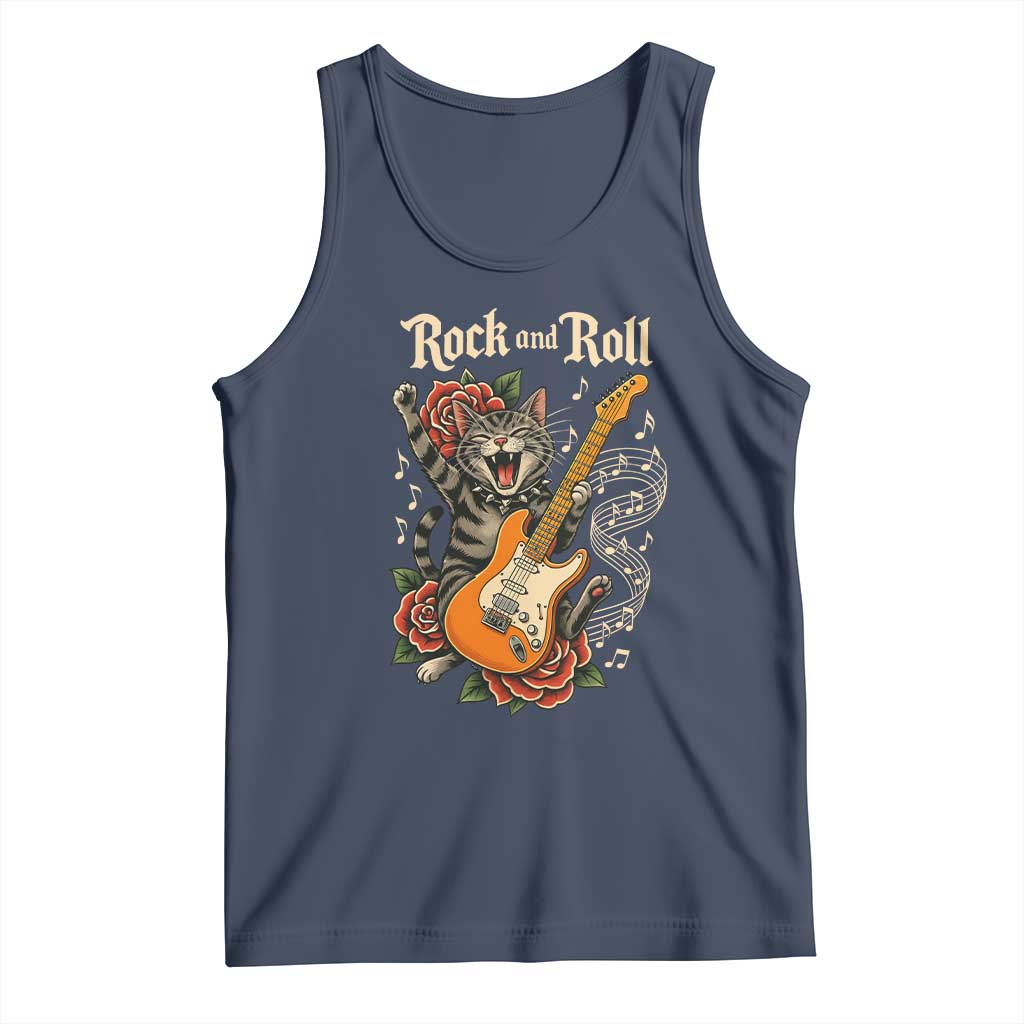 Funny Rock Star Cat Playing Electric Guitar Tank Top Music Lover TS12 Navy Print Your Wear
