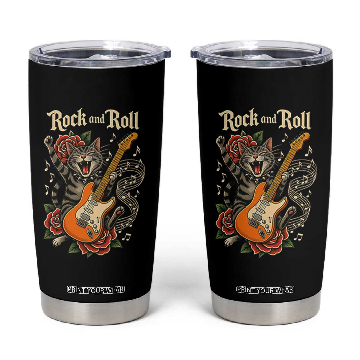 Funny Rock Star Cat Playing Electric Guitar Tumbler Cup Music Lover TS12 Black Print Your Wear