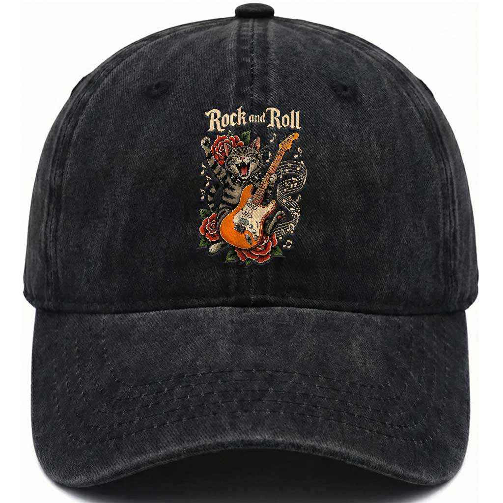 Funny Rock Star Cat Playing Electric Guitar Washed Cotton Baseball Cap Music Lover TS12 Print Your Wear