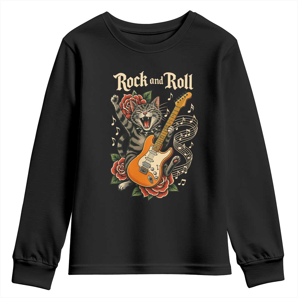Funny Rock Star Cat Playing Electric Guitar Youth Sweatshirt Music Lover TS12 Black Print Your Wear