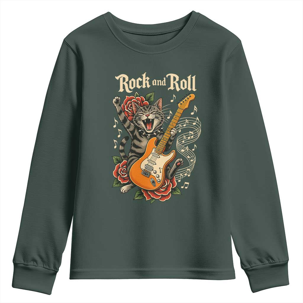 Funny Rock Star Cat Playing Electric Guitar Youth Sweatshirt Music Lover TS12 Dark Forest Green Print Your Wear