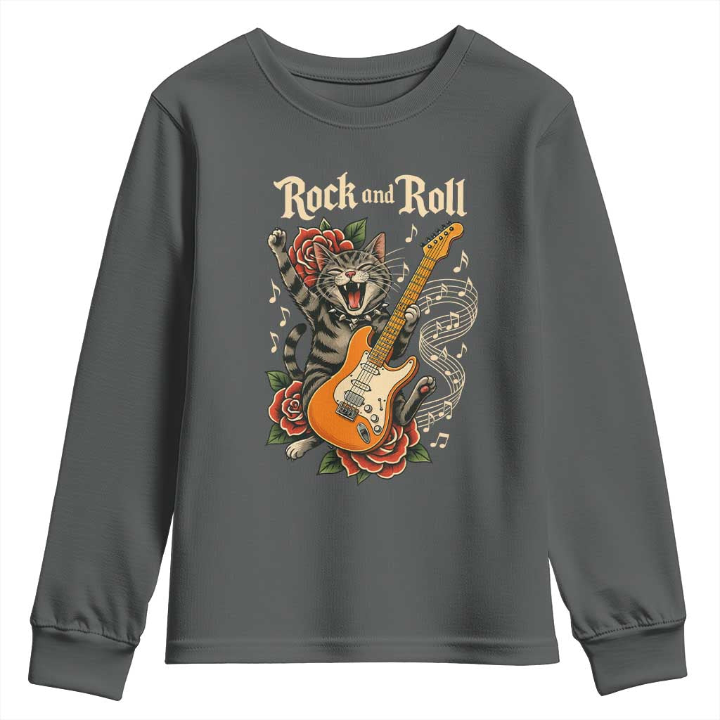 Funny Rock Star Cat Playing Electric Guitar Youth Sweatshirt Music Lover TS12 Dark Heather Print Your Wear