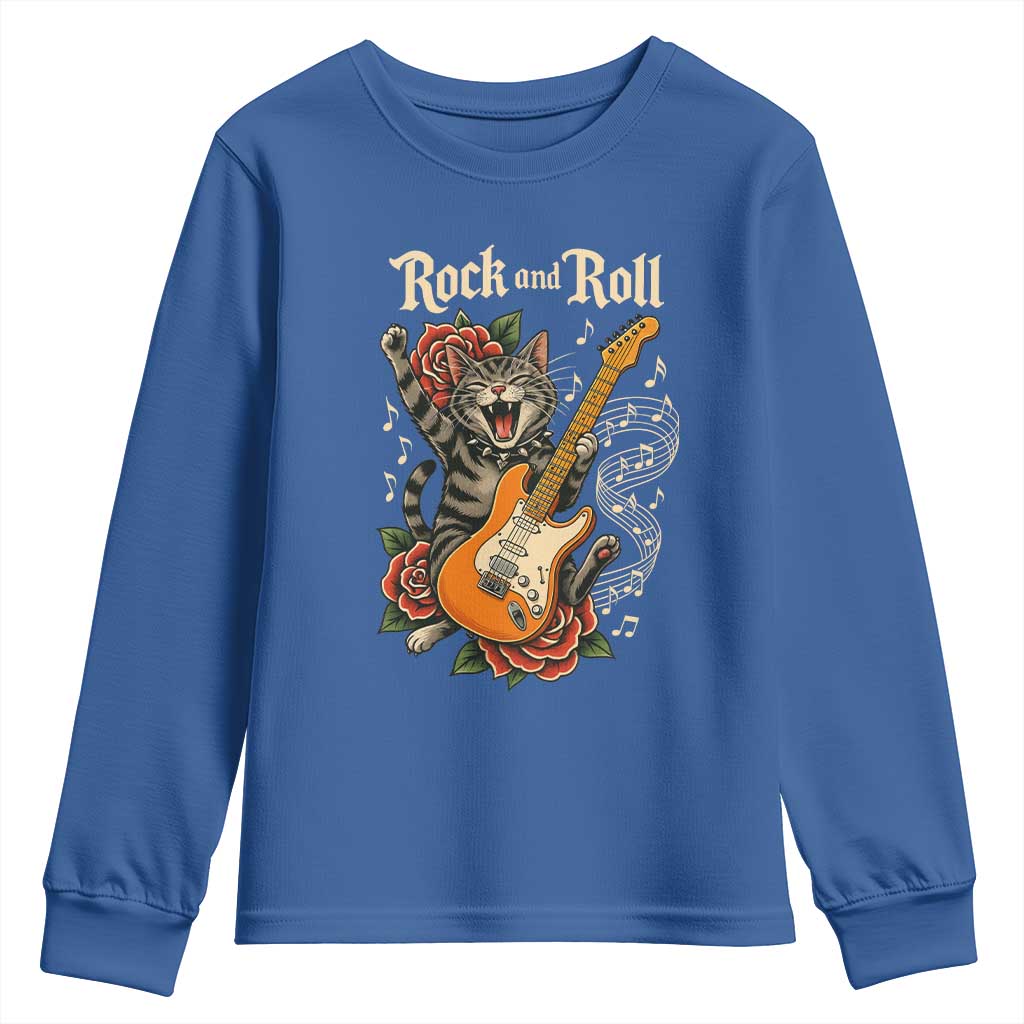 Funny Rock Star Cat Playing Electric Guitar Youth Sweatshirt Music Lover TS12 Royal Blue Print Your Wear