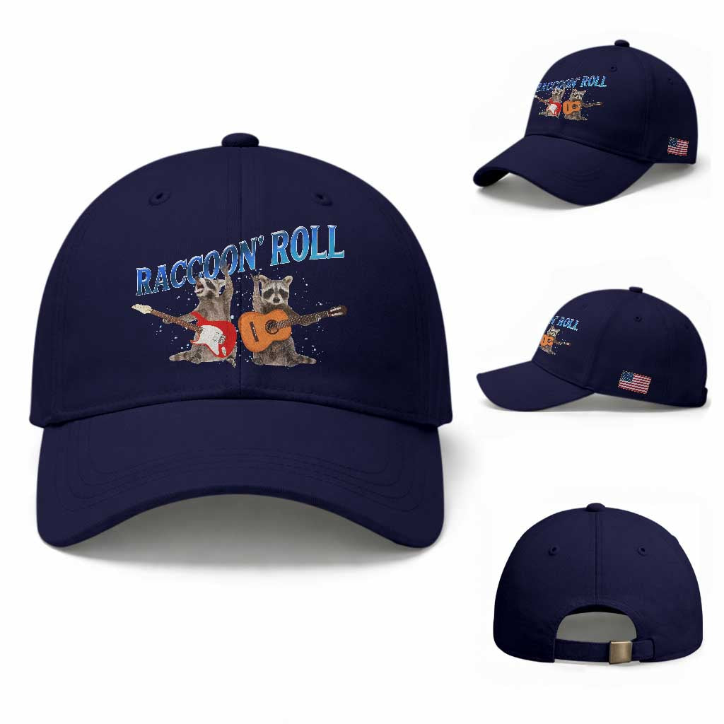 Raccoon Rock And Roll Baseball Cap Funny Rock Band Playing Guitar Electric Music Lover TS12 Baseball Cap Universal Fit Dark Blue Print Your Wear