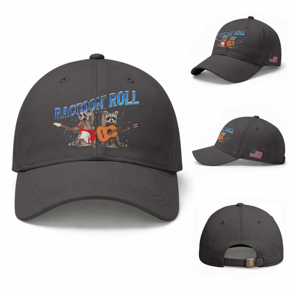 Raccoon Rock And Roll Baseball Cap Funny Rock Band Playing Guitar Electric Music Lover TS12 Baseball Cap Universal Fit Dark Gray Print Your Wear