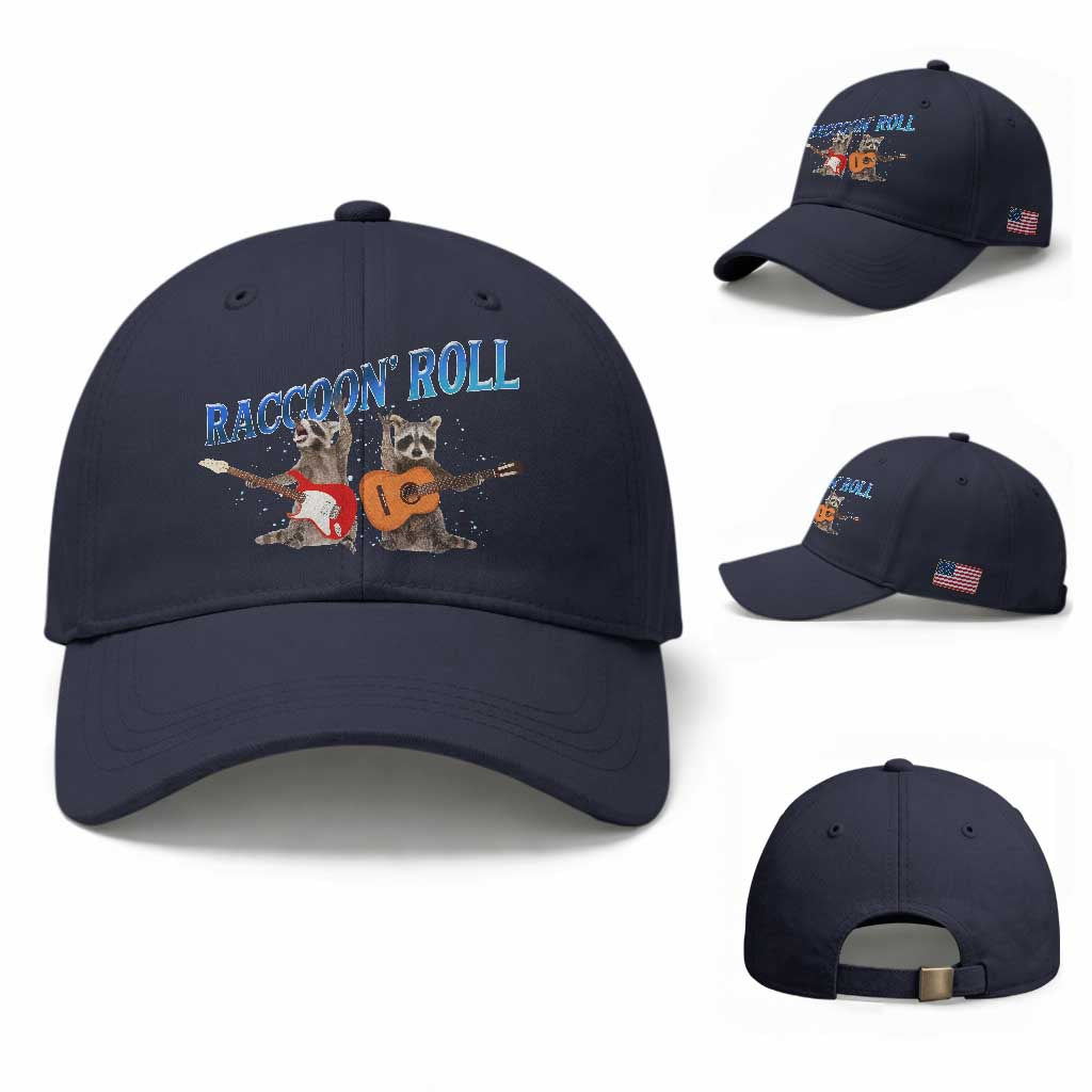 Raccoon Rock And Roll Baseball Cap Funny Rock Band Playing Guitar Electric Music Lover TS12 Baseball Cap Universal Fit Navy Print Your Wear