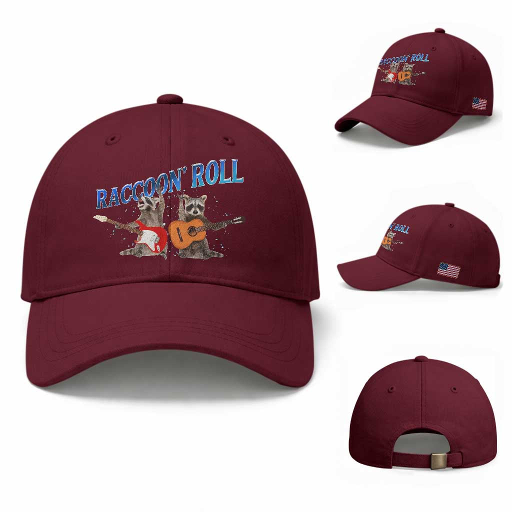 Raccoon Rock And Roll Baseball Cap Funny Rock Band Playing Guitar Electric Music Lover TS12 Baseball Cap Universal Fit Maroon Print Your Wear
