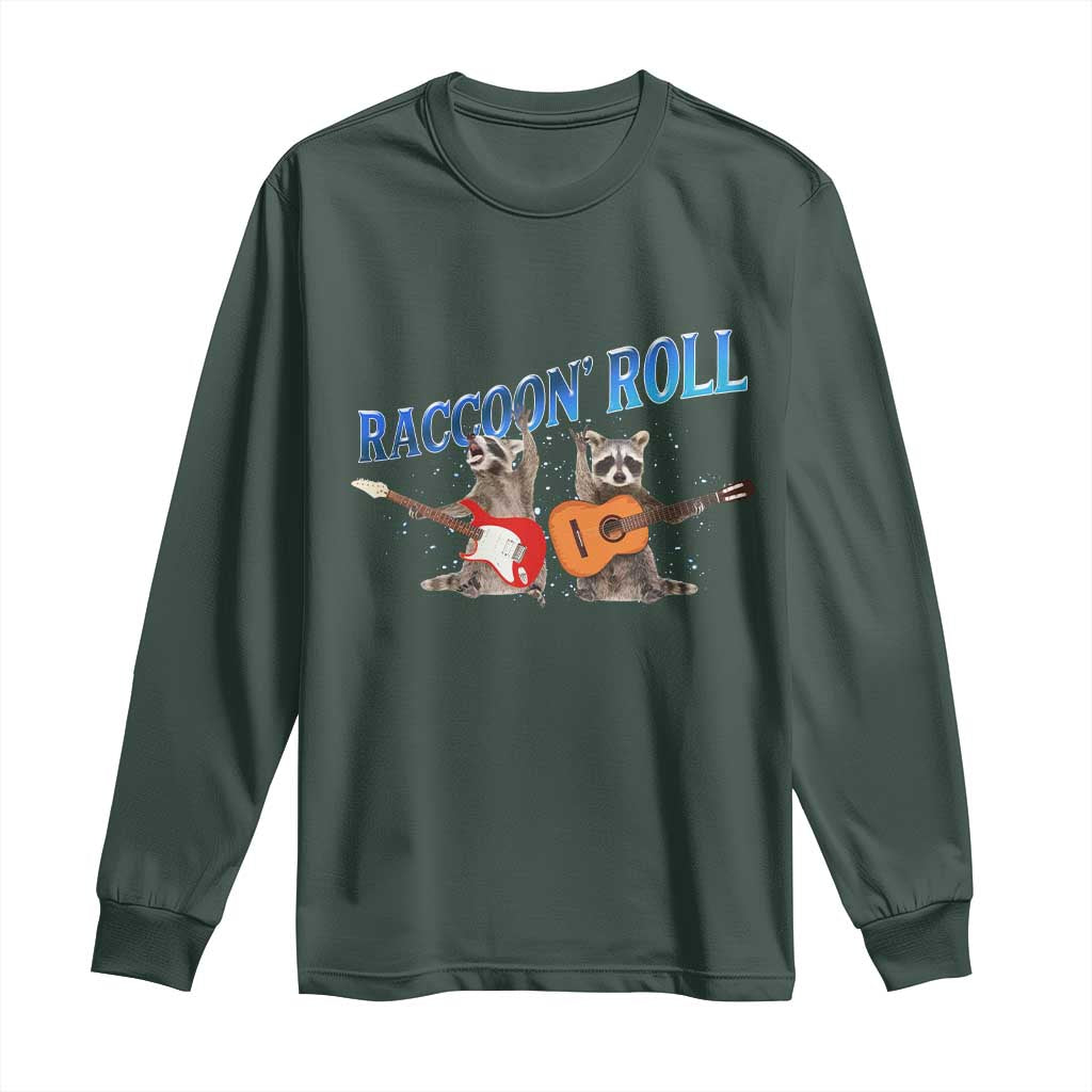 Raccoon Rock And Roll Long Sleeve Shirt Funny Rock Band Playing Guitar Electric Music Lover TS12 Dark Forest Green Print Your Wear
